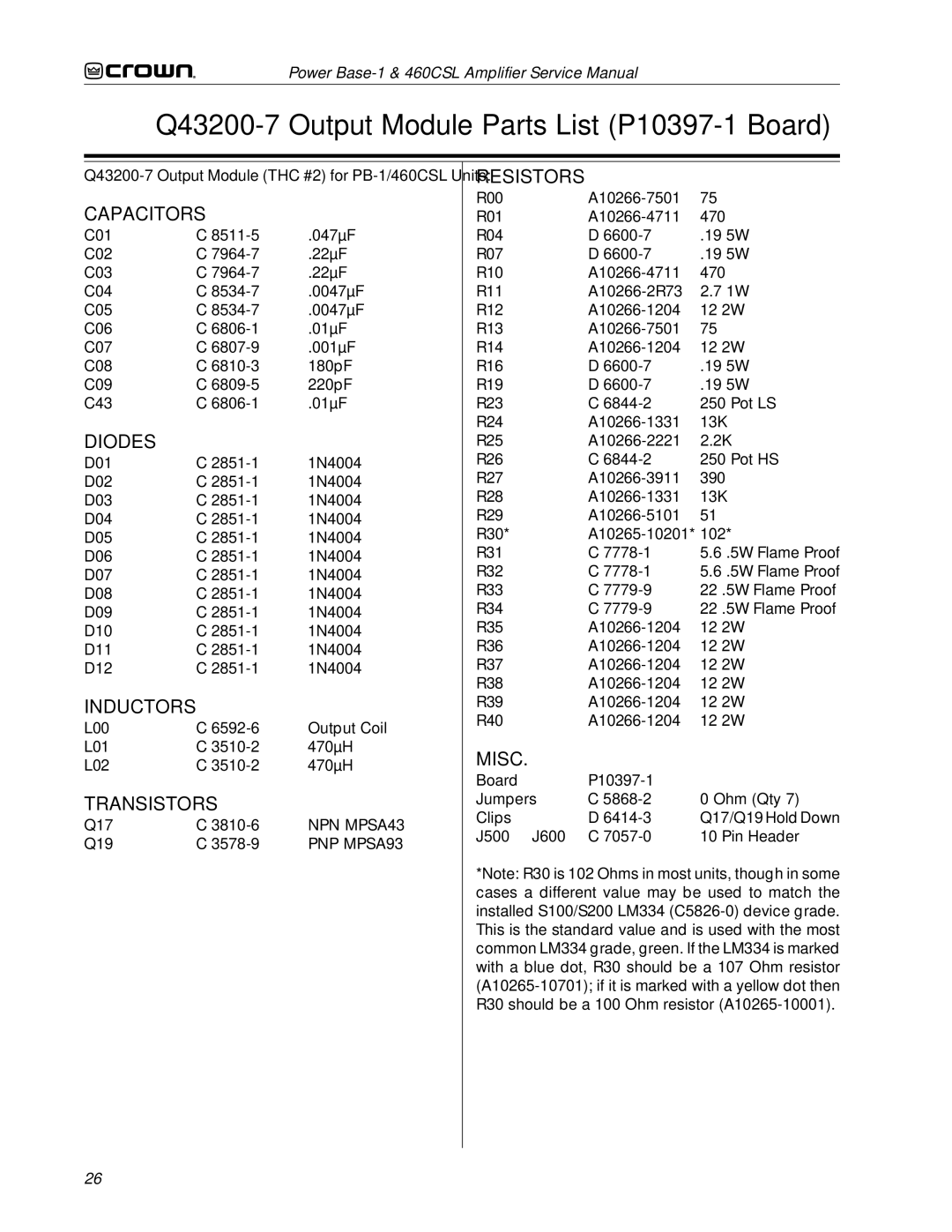 Crown 460CSL service manual Q43200-7 Output Module Parts List P10397-1 Board 