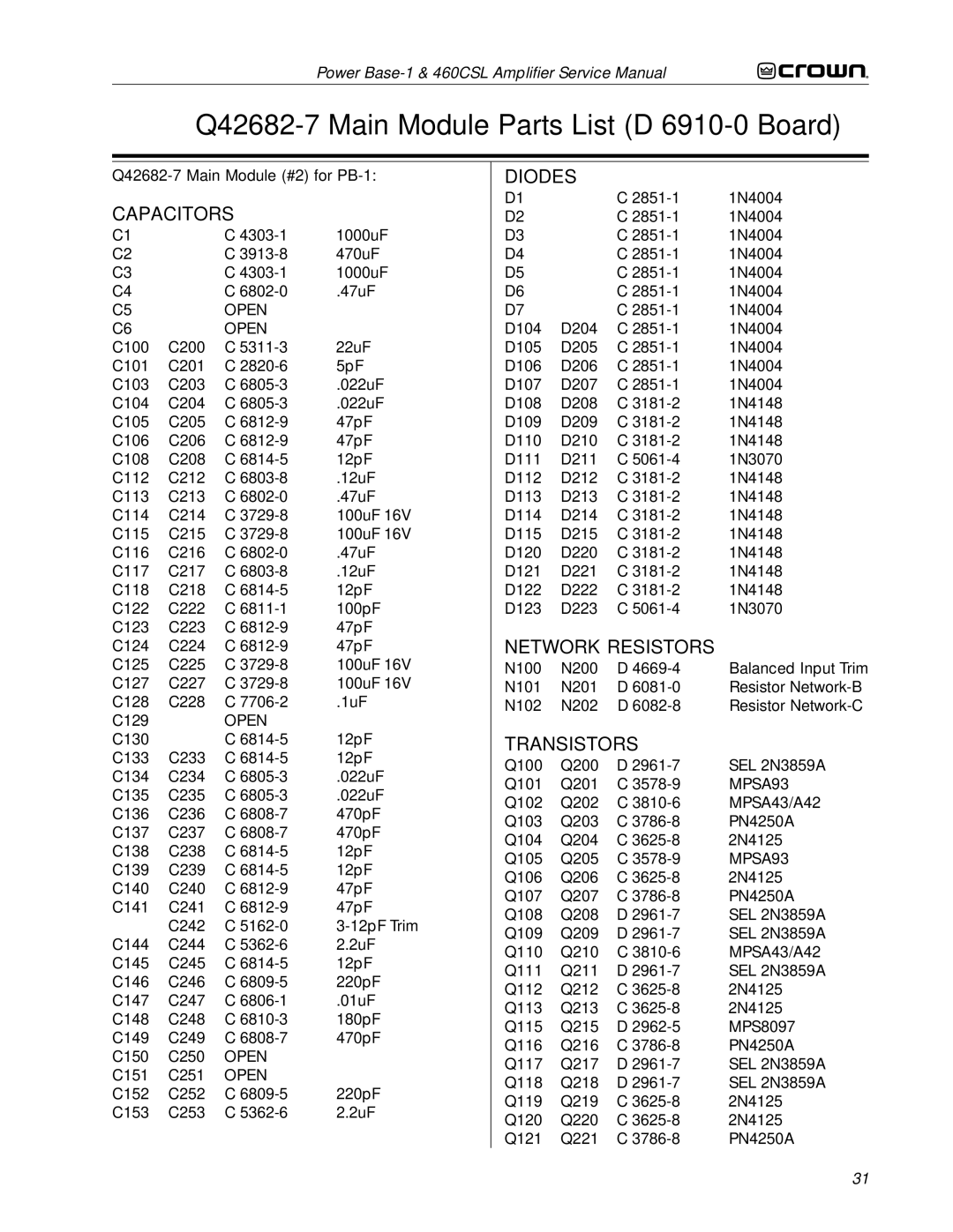 Crown 460CSL service manual Q42682-7 Main Module Parts List D 6910-0 Board, Q42682-7 Main Module #2 for PB-1 