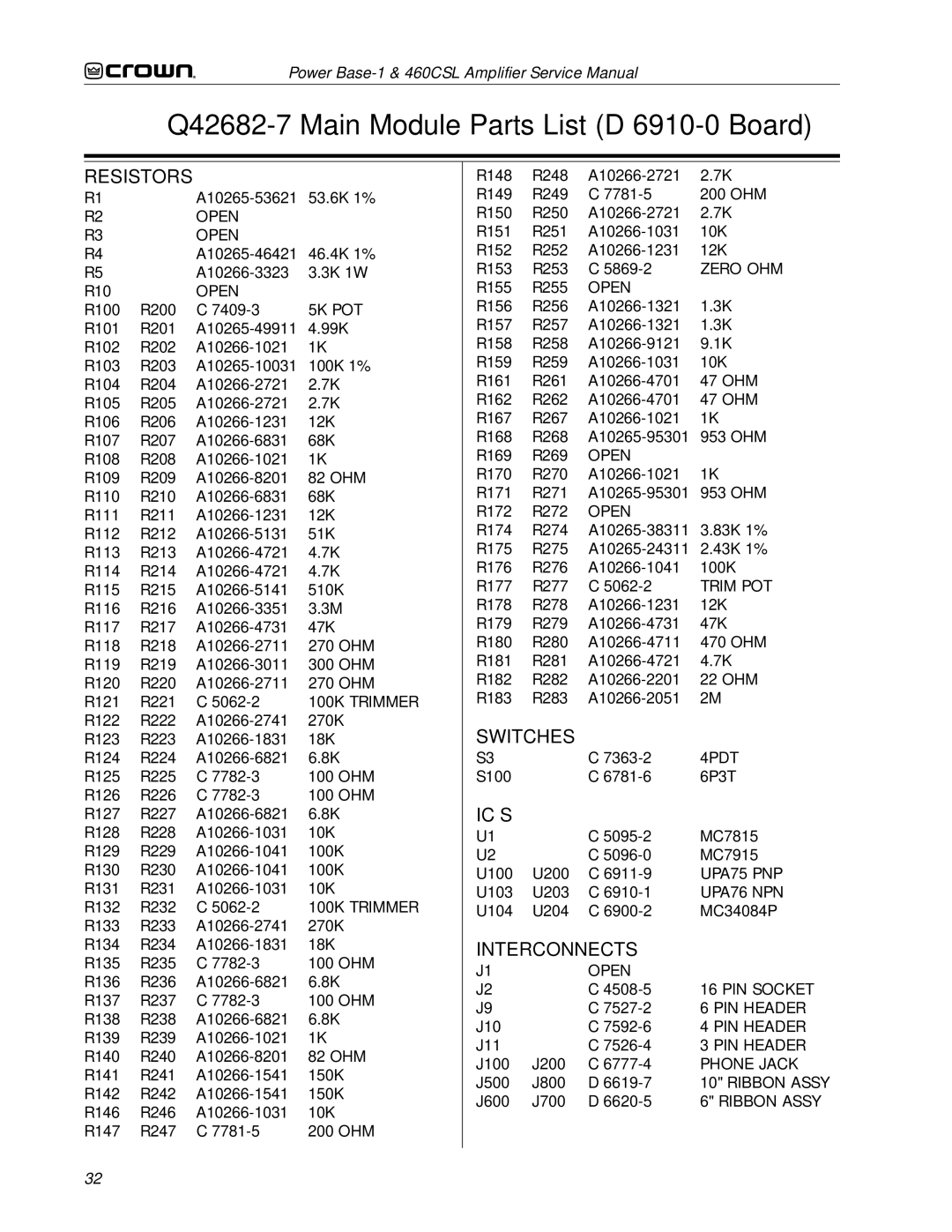 Crown 460CSL service manual Interconnects, Trim POT 