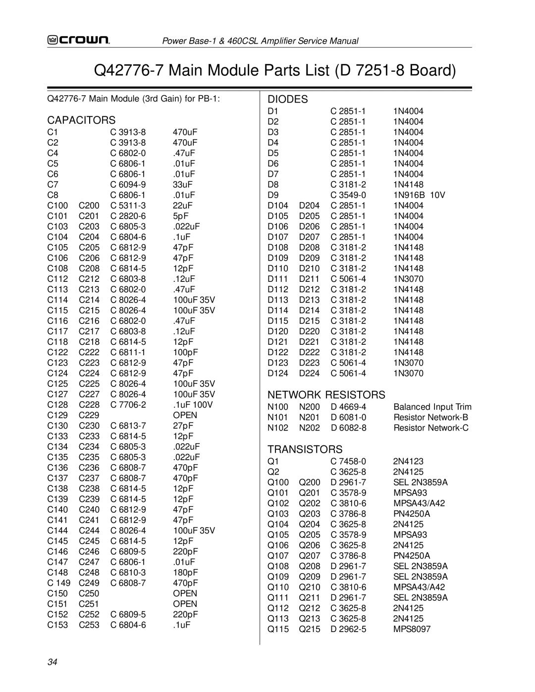 Crown 460CSL service manual Q42776-7 Main Module Parts List D 7251-8 Board, Q42776-7 Main Module 3rd Gain for PB-1 