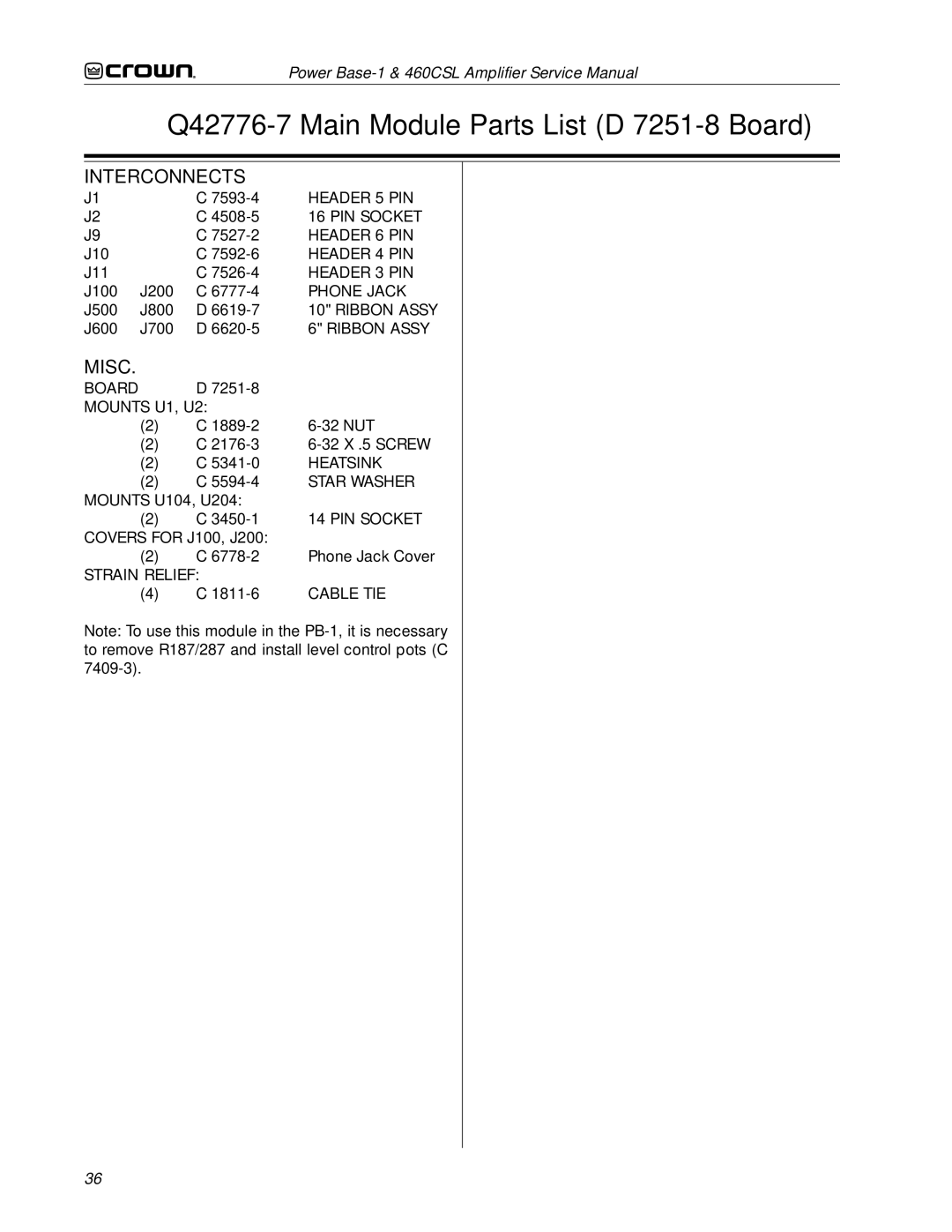 Crown 460CSL service manual Header 5 PIN 