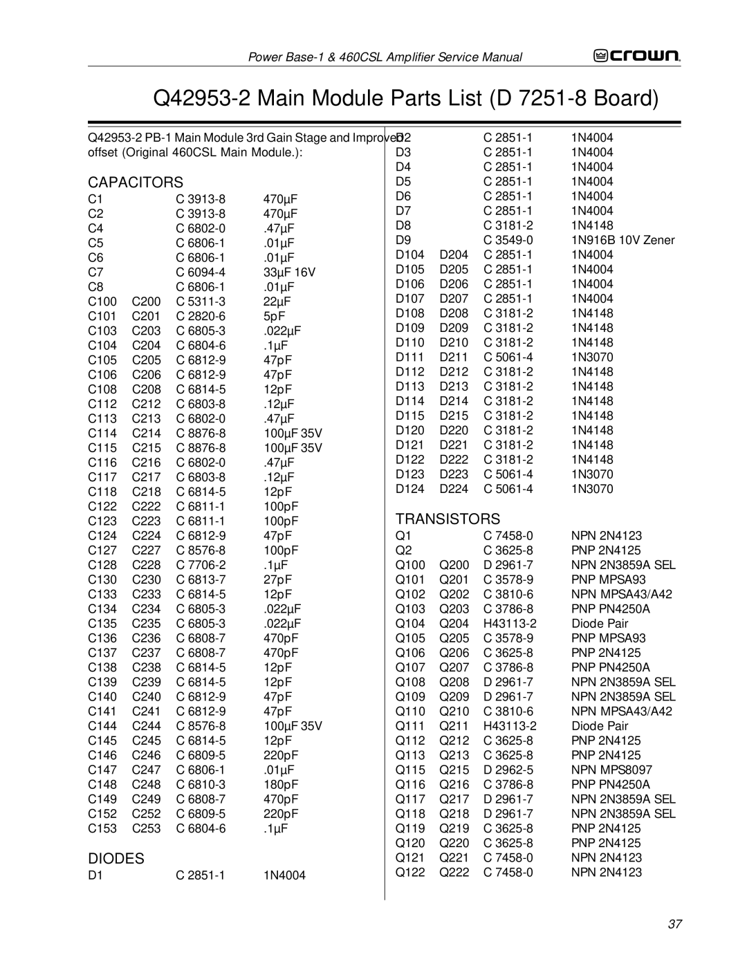 Crown 460CSL service manual Q42953-2 Main Module Parts List D 7251-8 Board, Capacitors 