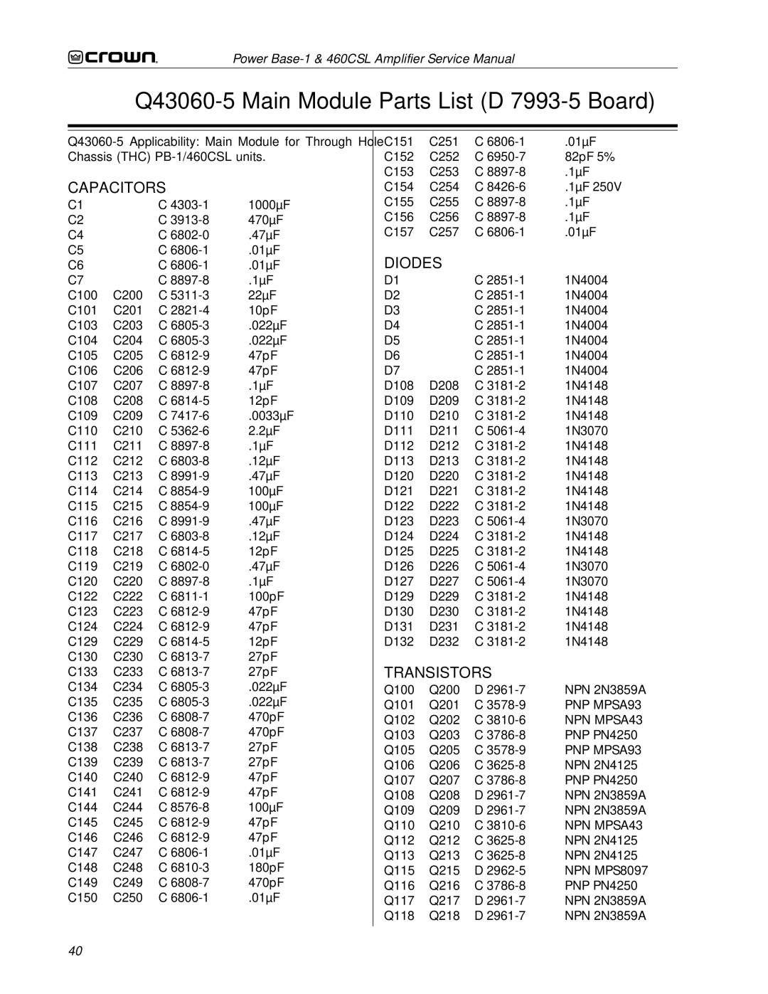 Crown 460CSL service manual Q43060-5 Main Module Parts List D 7993-5 Board, Capacitors 