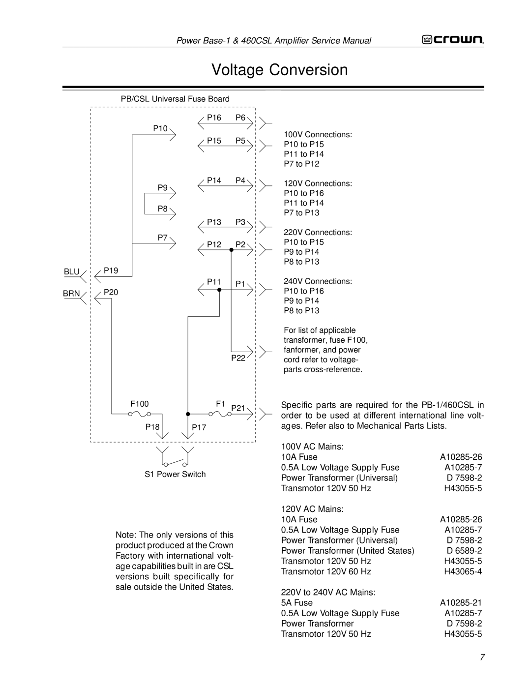 Crown 460CSL service manual Voltage Conversion, Blu 