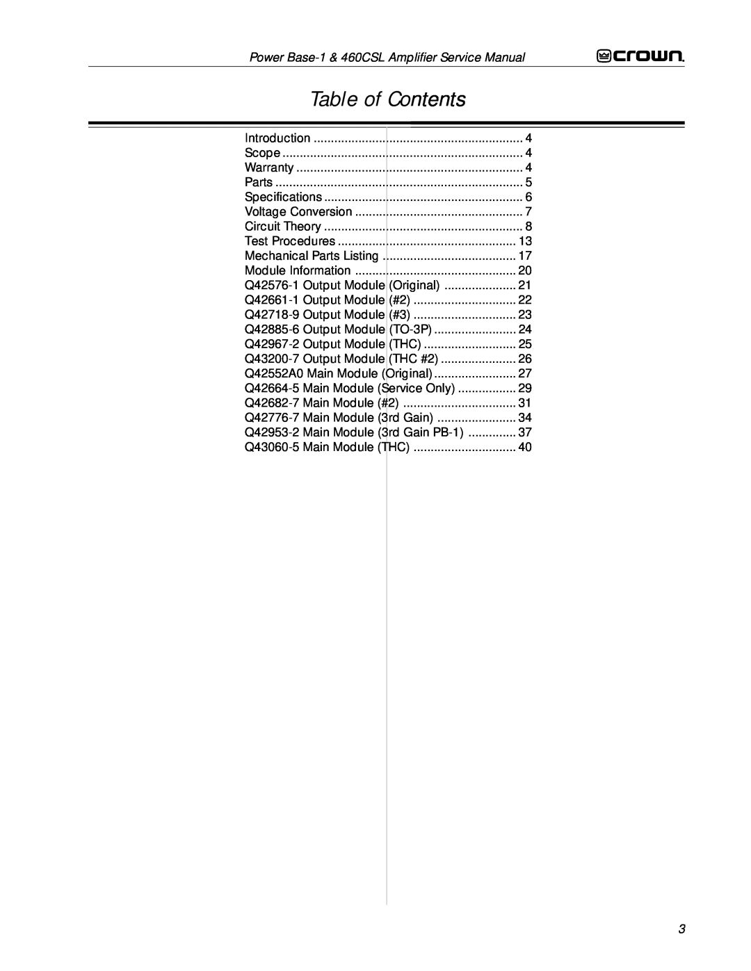 Crown 460CSL service manual Table of Contents 
