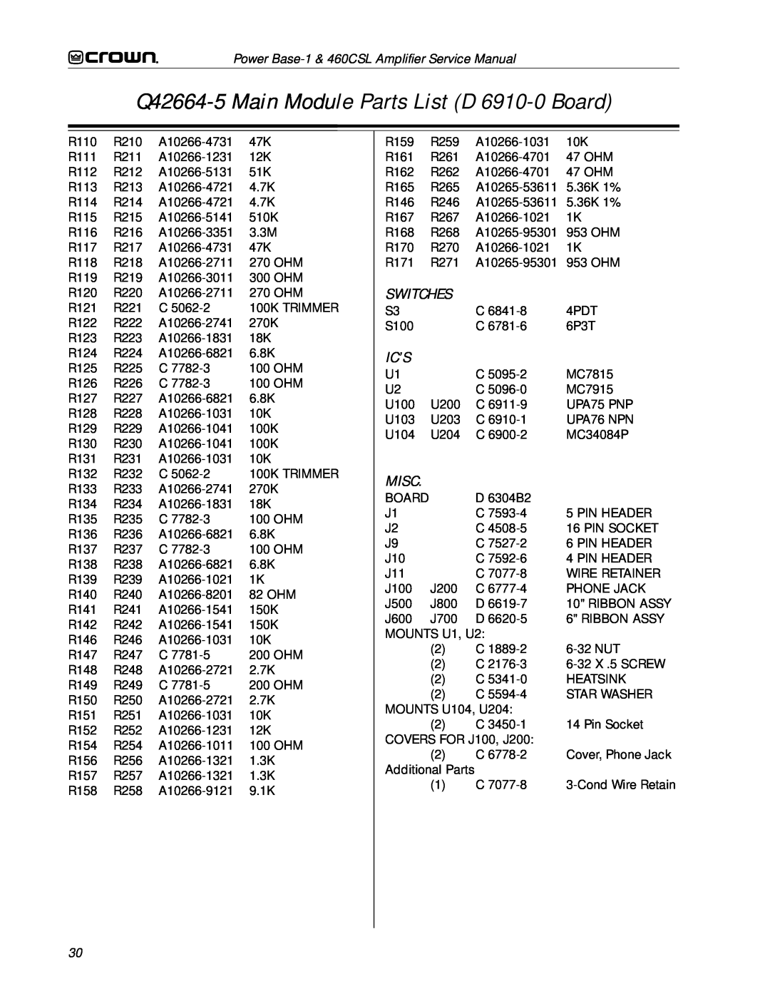 Crown 460CSL service manual Q42664-5Main Module Parts List D 6910-0Board, Switches, Ic’S, Misc, R110 