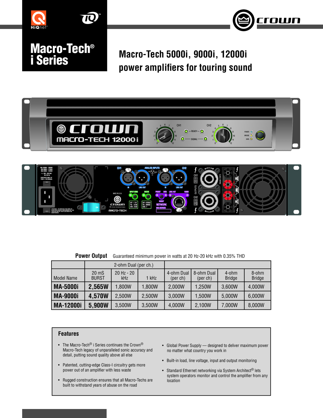 Crown 5000I manual i Series, Macro-Tech5000i, power ampliﬁers for touring sound, MA-5000i, MA-9000i, MA-12000i, 2,565W 