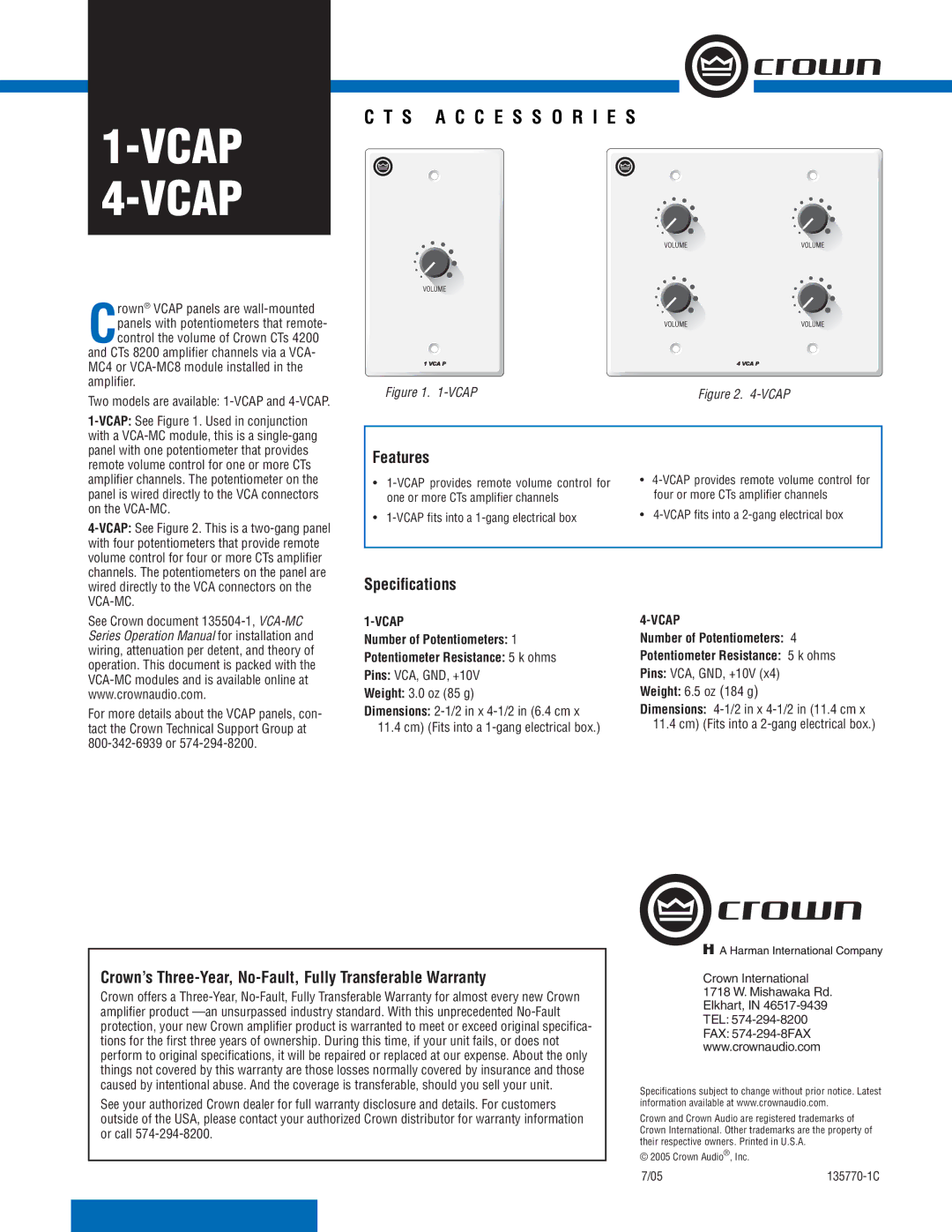 Crown Audio 4-VCAP, 1-VCAP specifications Vcap, S a C C E S S O R I E S, Features, Speciﬁcations 