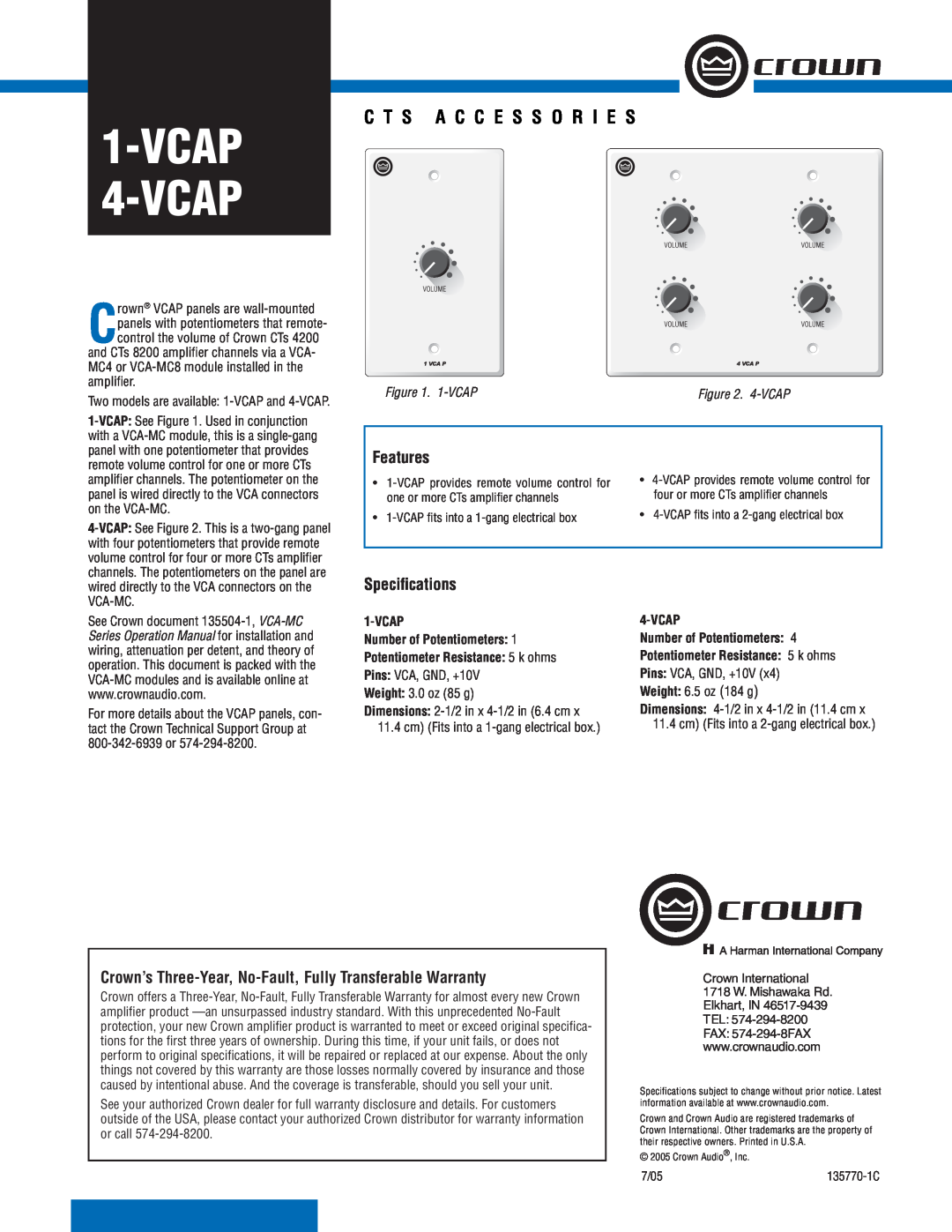 Crown Audio specifications VCAP 4-VCAP, C T S A C C E S S O R I E S, Features, Speciﬁcations, 1-VCAPFigure 2. 4-VCAP 