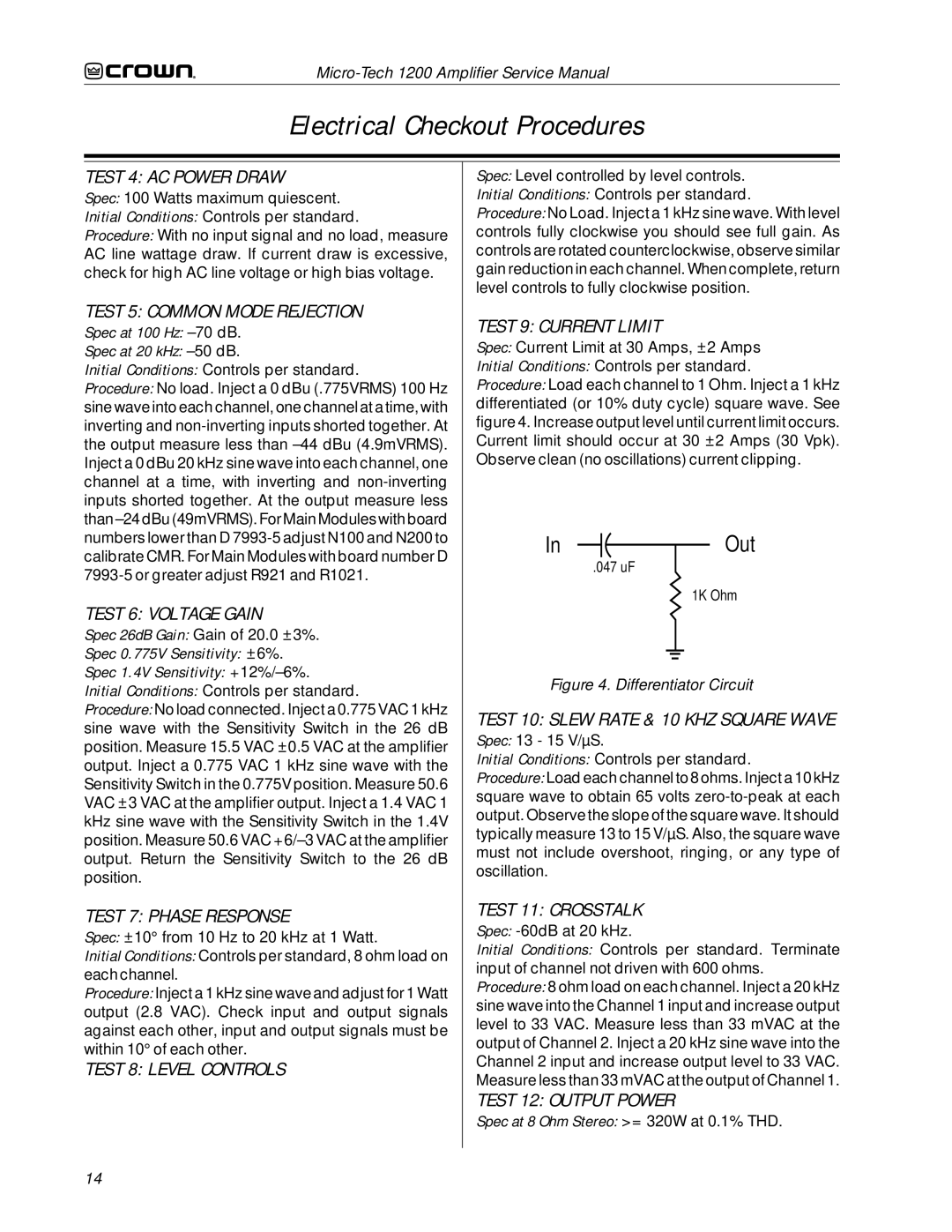 Crown Audio 1200 Test 4 AC Power Draw, Test 5 Common Mode Rejection, Test 6 Voltage Gain, Test 7 Phase Response 