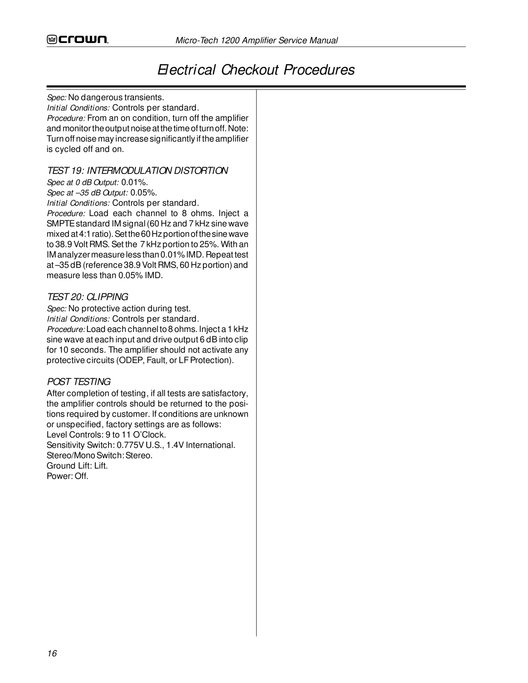 Crown Audio 1200 service manual Test 19 Intermodulation Distortion, Test 20 Clipping, Post Testing 