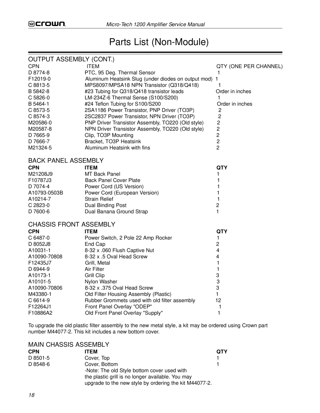 Crown Audio 1200 service manual Output Assembly, Back Panel Assembly, Chassis Front Assembly, Main Chassis Assembly 