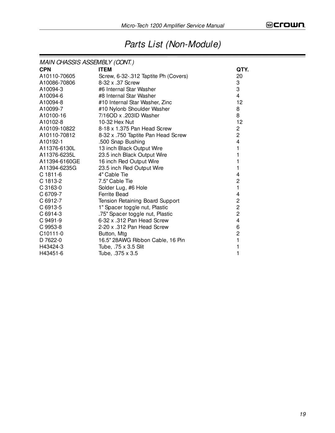 Crown Audio 1200 service manual Parts List Non-Module 