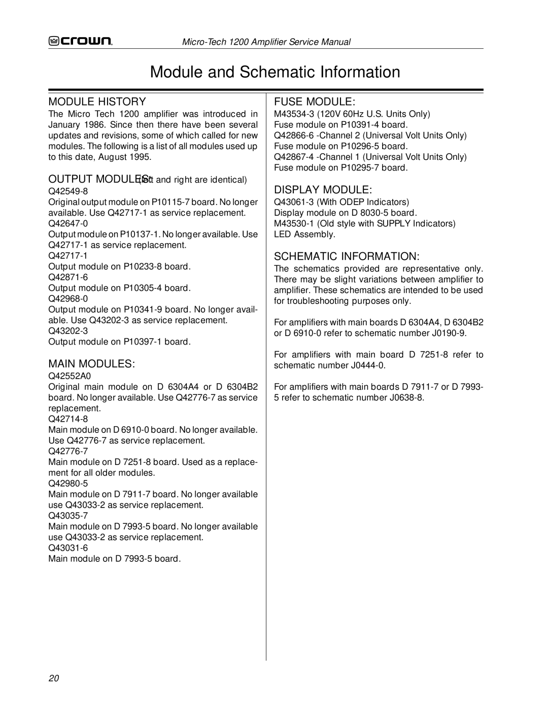 Crown Audio 1200 service manual Module and Schematic Information 