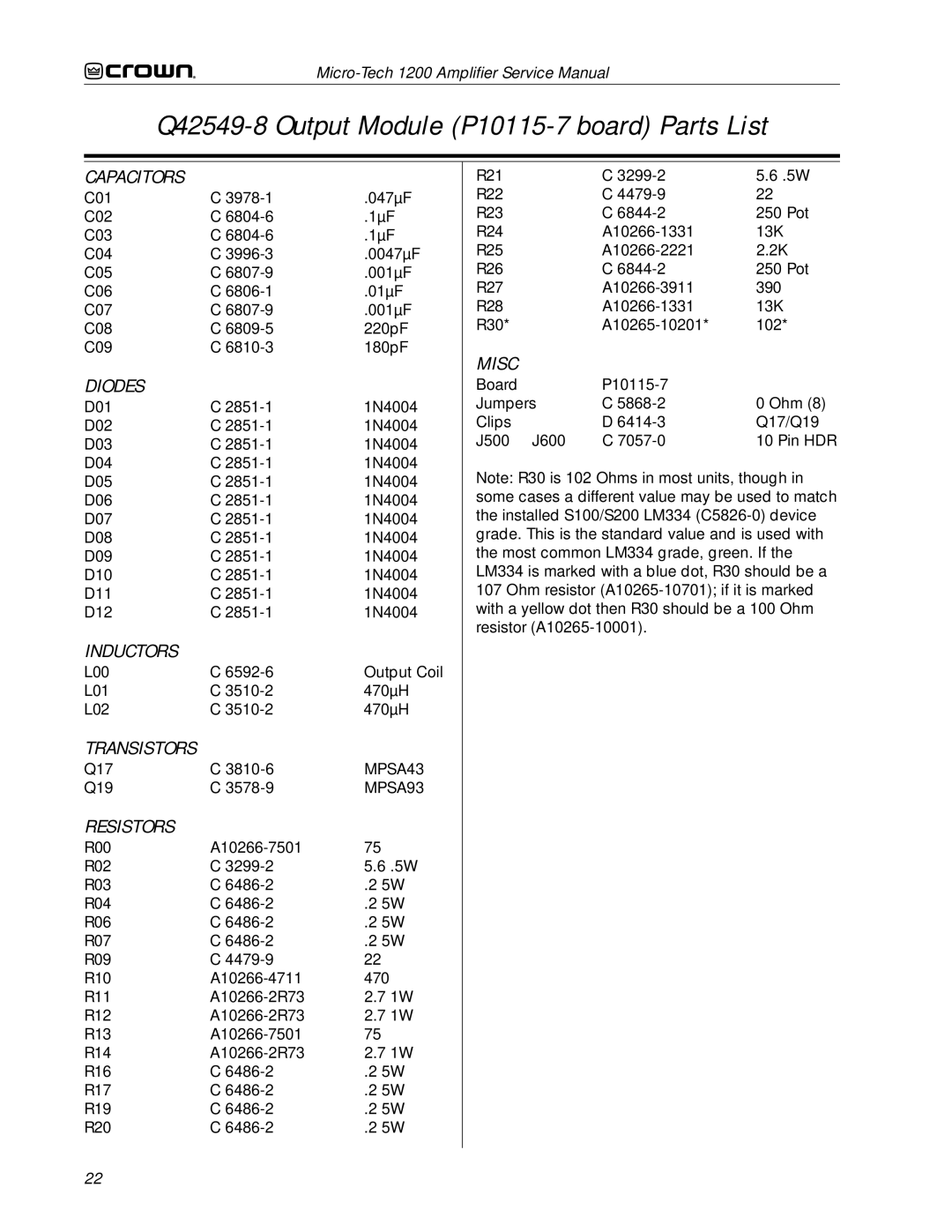 Crown Audio 1200 service manual Q42549-8 Output Module P10115-7 board Parts List 