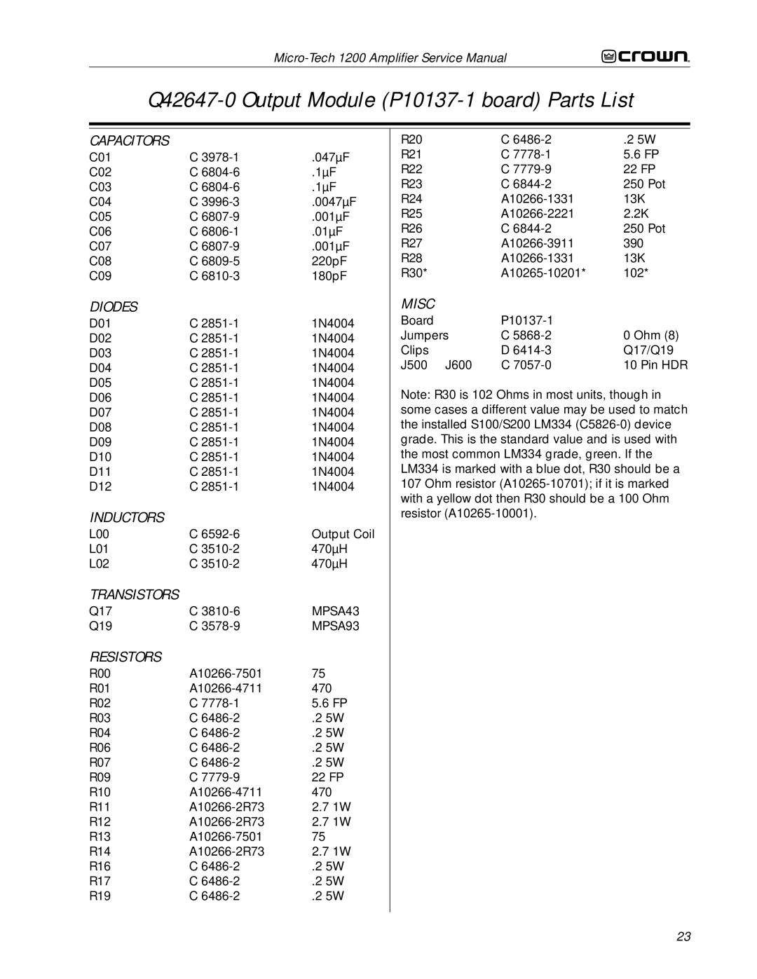 Crown Audio 1200 service manual Q42647-0 Output Module P10137-1 board Parts List 