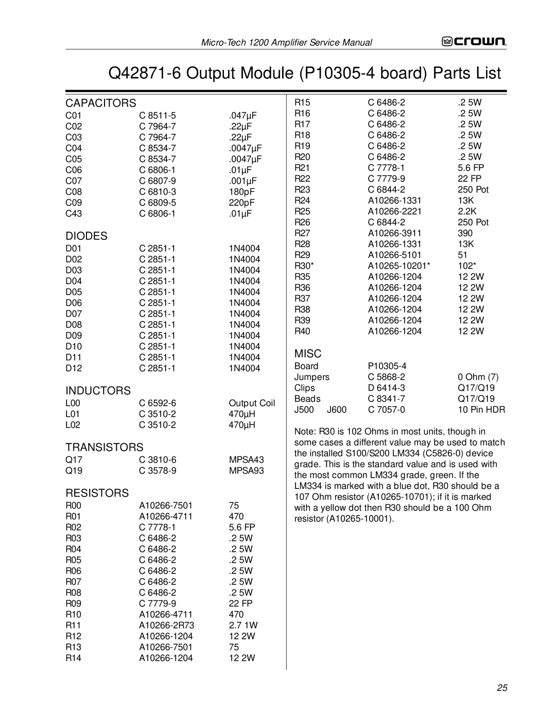 Crown Audio 1200 service manual Q42871-6 Output Module P10305-4 board Parts List 