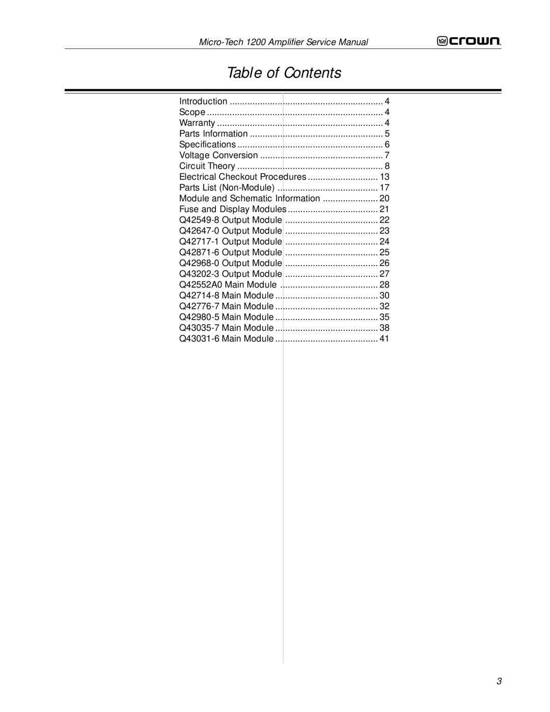 Crown Audio 1200 service manual Table of Contents 