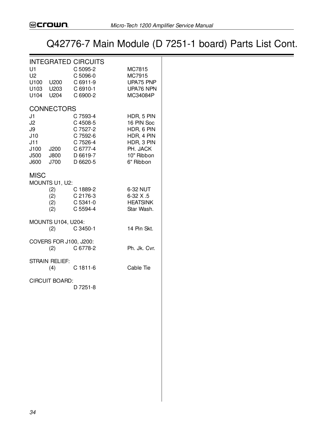 Crown Audio 1200 service manual HDR, 5 PIN 