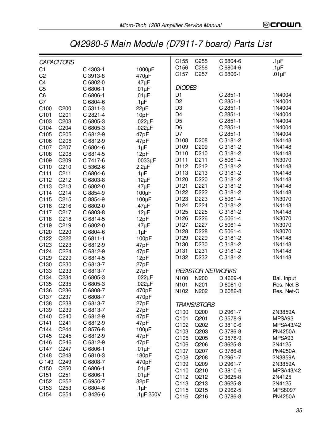 Crown Audio 1200 service manual Q42980-5 Main Module D7911-7 board Parts List, Capacitors 