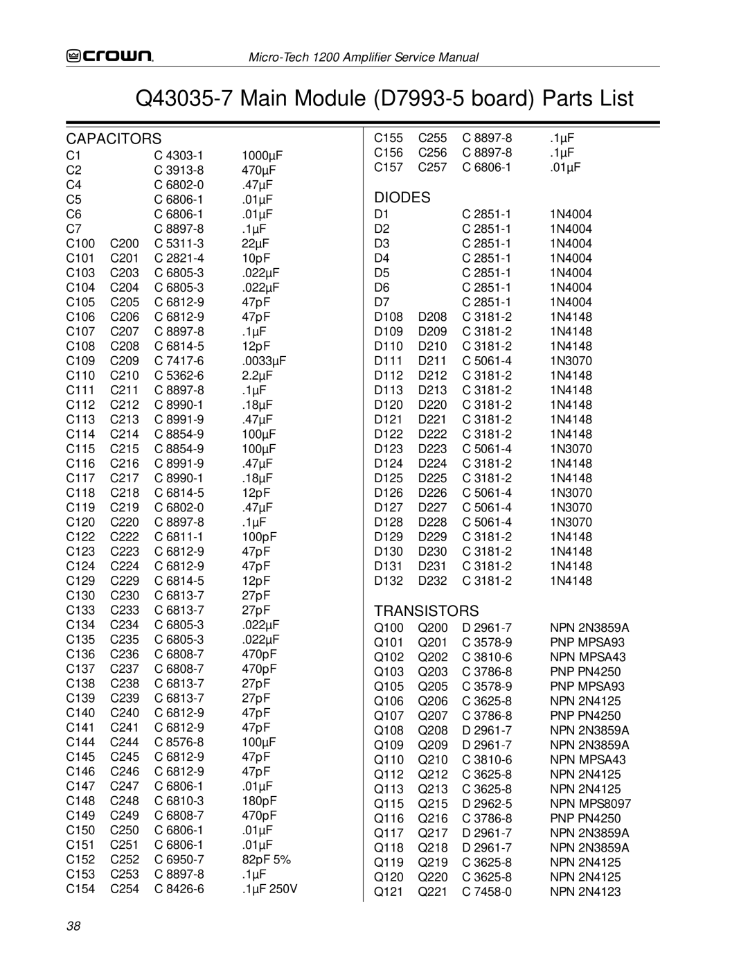 Crown Audio 1200 service manual Q43035-7 Main Module D7993-5 board Parts List, NPN MPS8097 