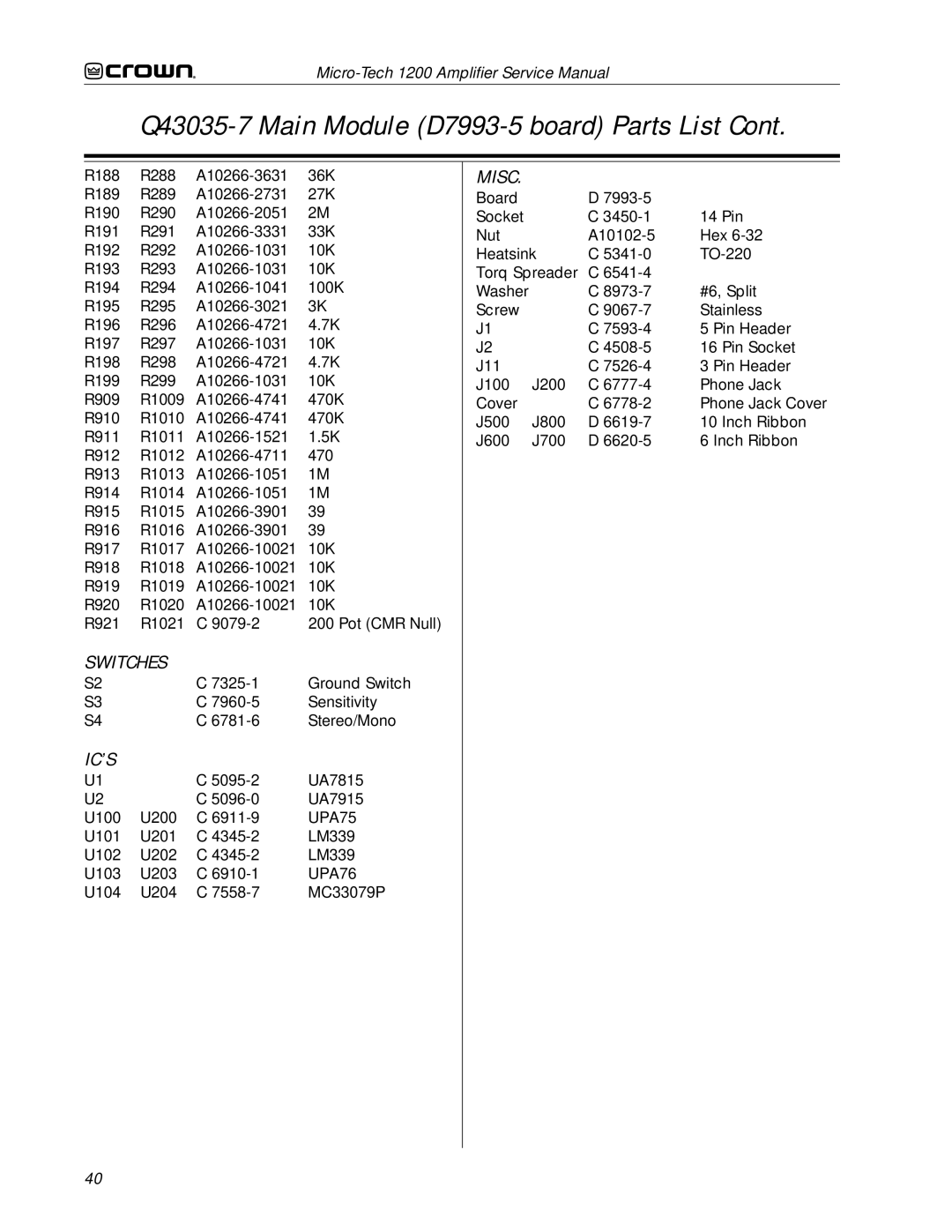 Crown Audio 1200 service manual Switches, Ic’S 