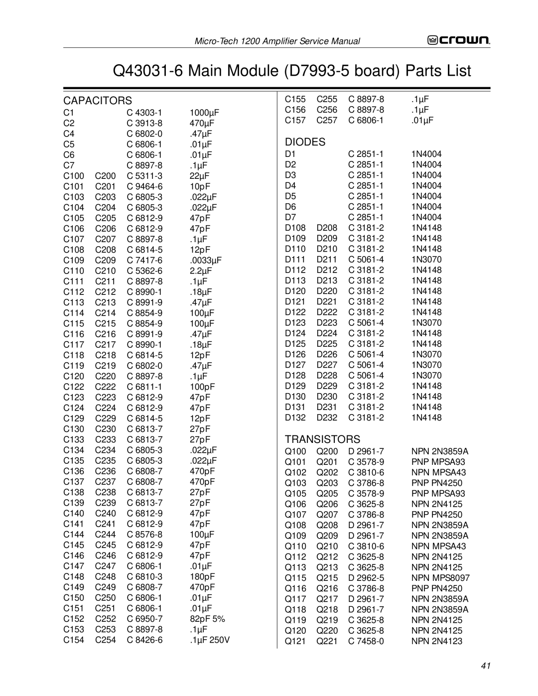 Crown Audio 1200 service manual Q43031-6 Main Module D7993-5 board Parts List, Capacitors 