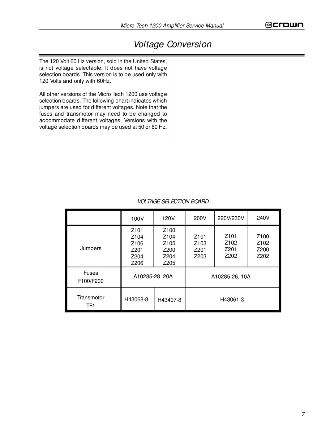 Crown Audio 1200 service manual Voltage Conversion 