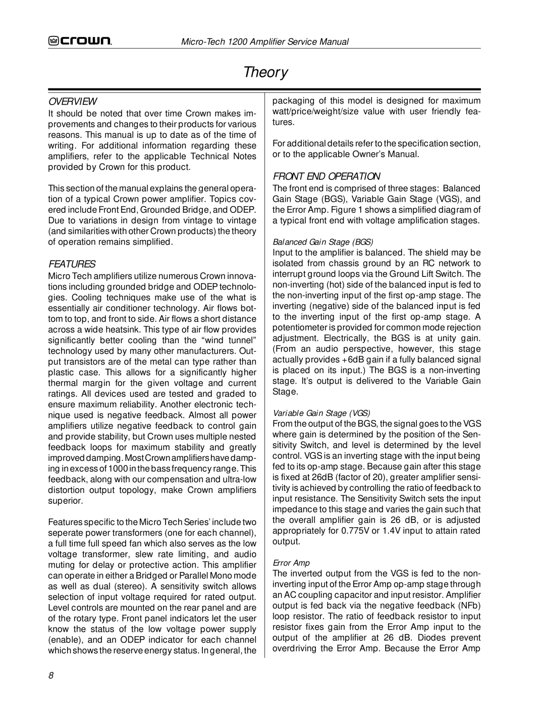 Crown Audio 1200 service manual Theory, Overview, Features, Front END Operation 