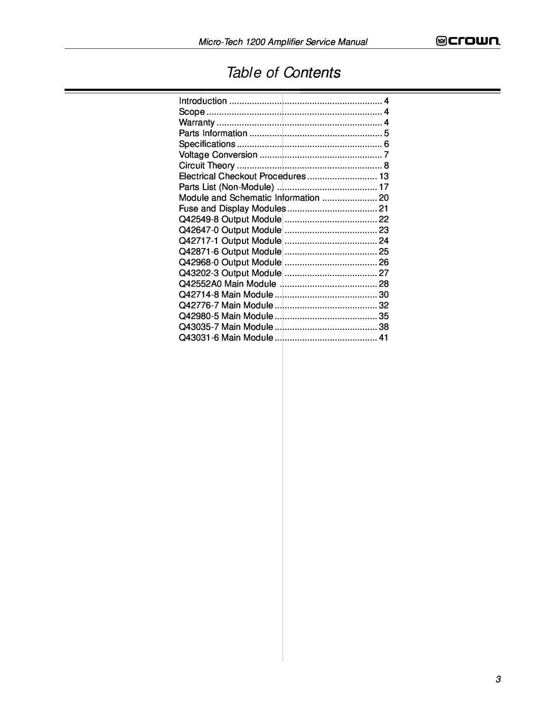 Crown Audio 1200 service manual Table of Contents 