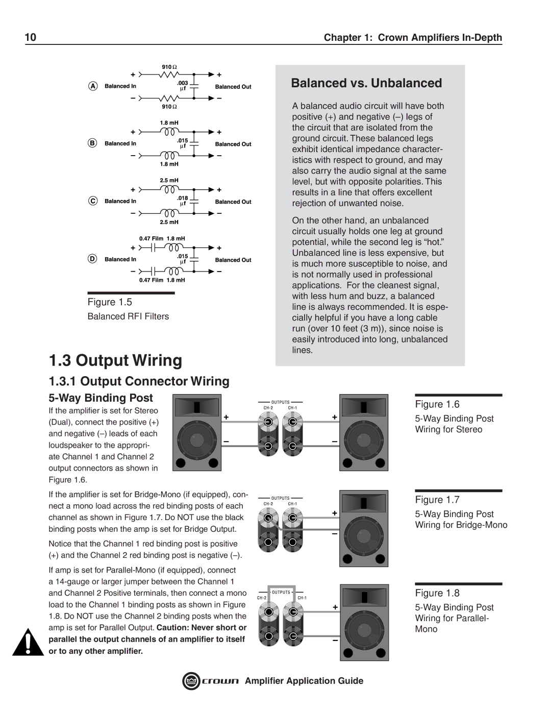 Crown Audio 133472-1A manual Output Wiring, Output Connector Wiring, Balanced vs. Unbalanced, Way Binding Post 