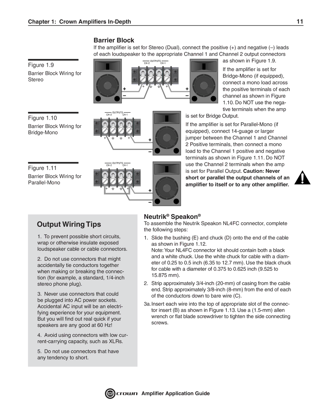 Crown Audio 133472-1A manual Output Wiring Tips, Barrier Block, Neutrik Speakon 