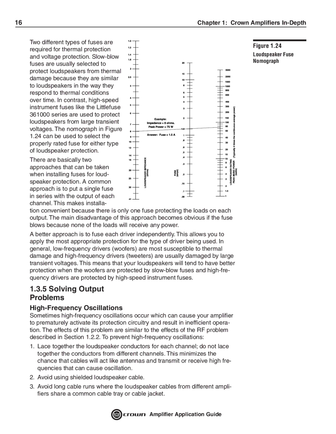 Crown Audio 133472-1A manual Solving Output Problems, High-Frequency Oscillations, Loudspeaker Fuse Nomograph 