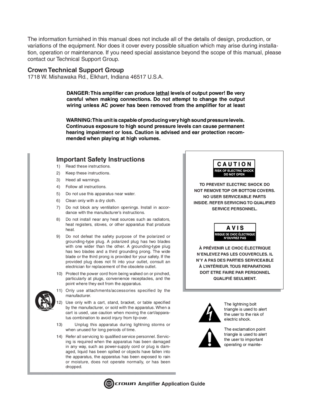 Crown Audio 133472-1A manual Crown Technical Support Group, Important Safety Instructions 