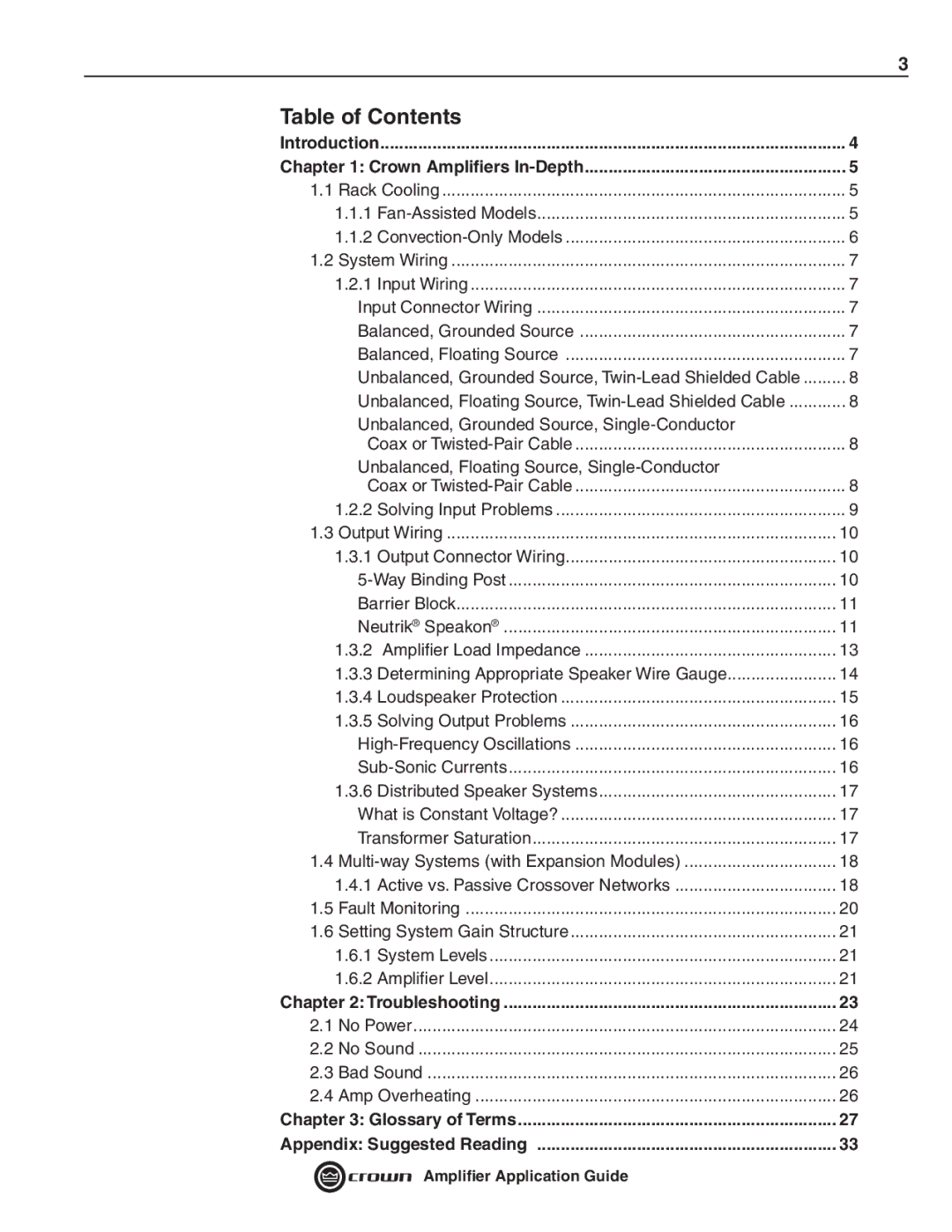 Crown Audio 133472-1A manual Table of Contents 