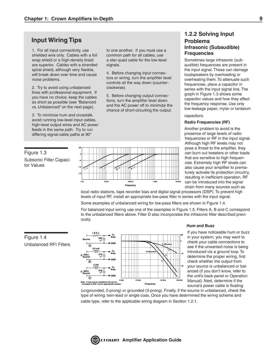 Crown Audio 133472-1A manual Solving Input Problems, Radio Frequencies RF, Hum and Buzz 