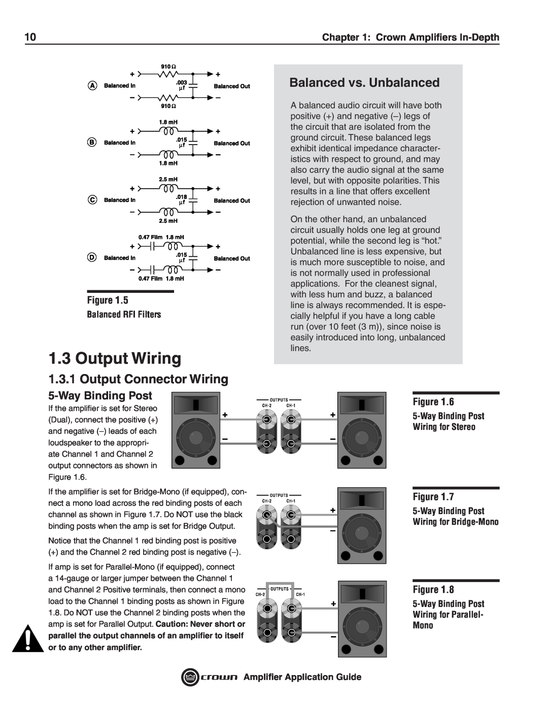 Crown Audio 133472-1A manual Output Wiring, Output Connector Wiring, Balanced vs. Unbalanced, Crown Ampliﬁers In-Depth 