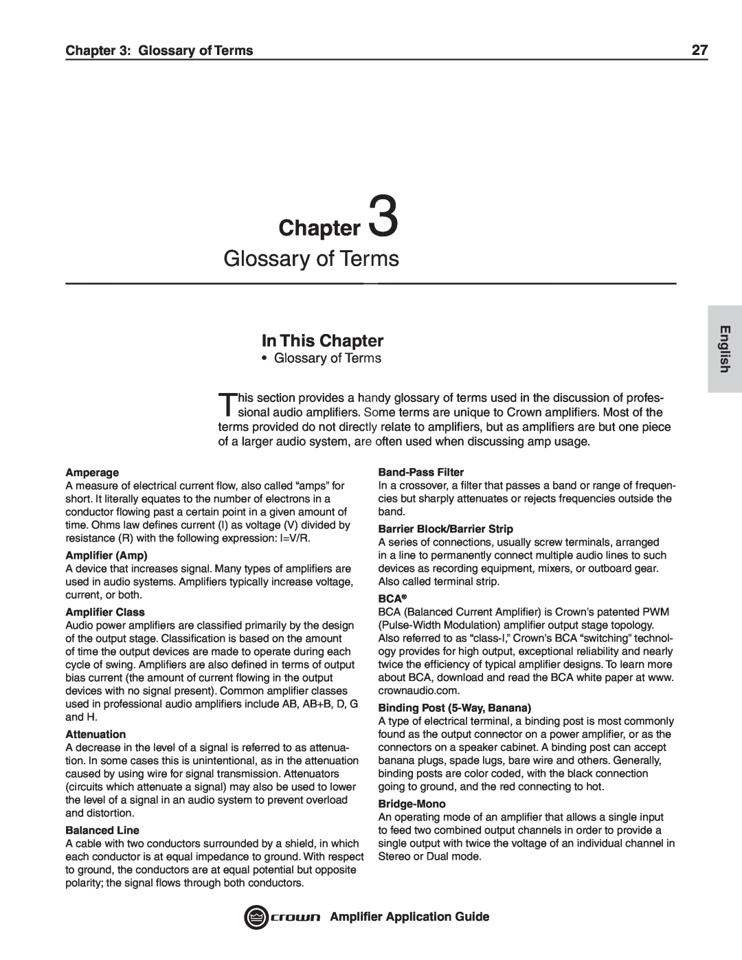 Crown Audio 133472-1A manual Glossary of Terms, In This Chapter, English, Ampliﬁer Application Guide 