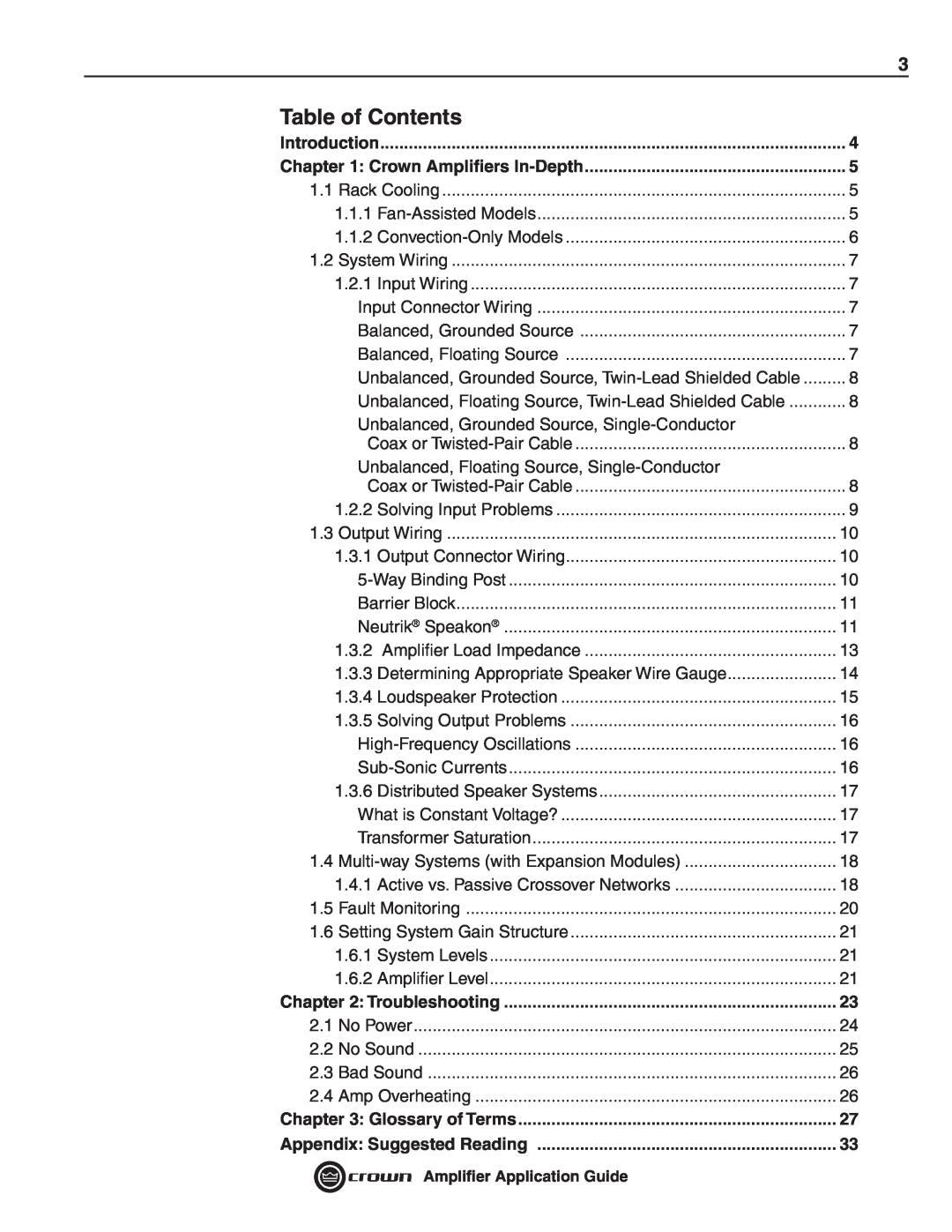Crown Audio 133472-1A Table of Contents, Introduction, Troubleshooting, Glossary of Terms, Appendix Suggested Reading 