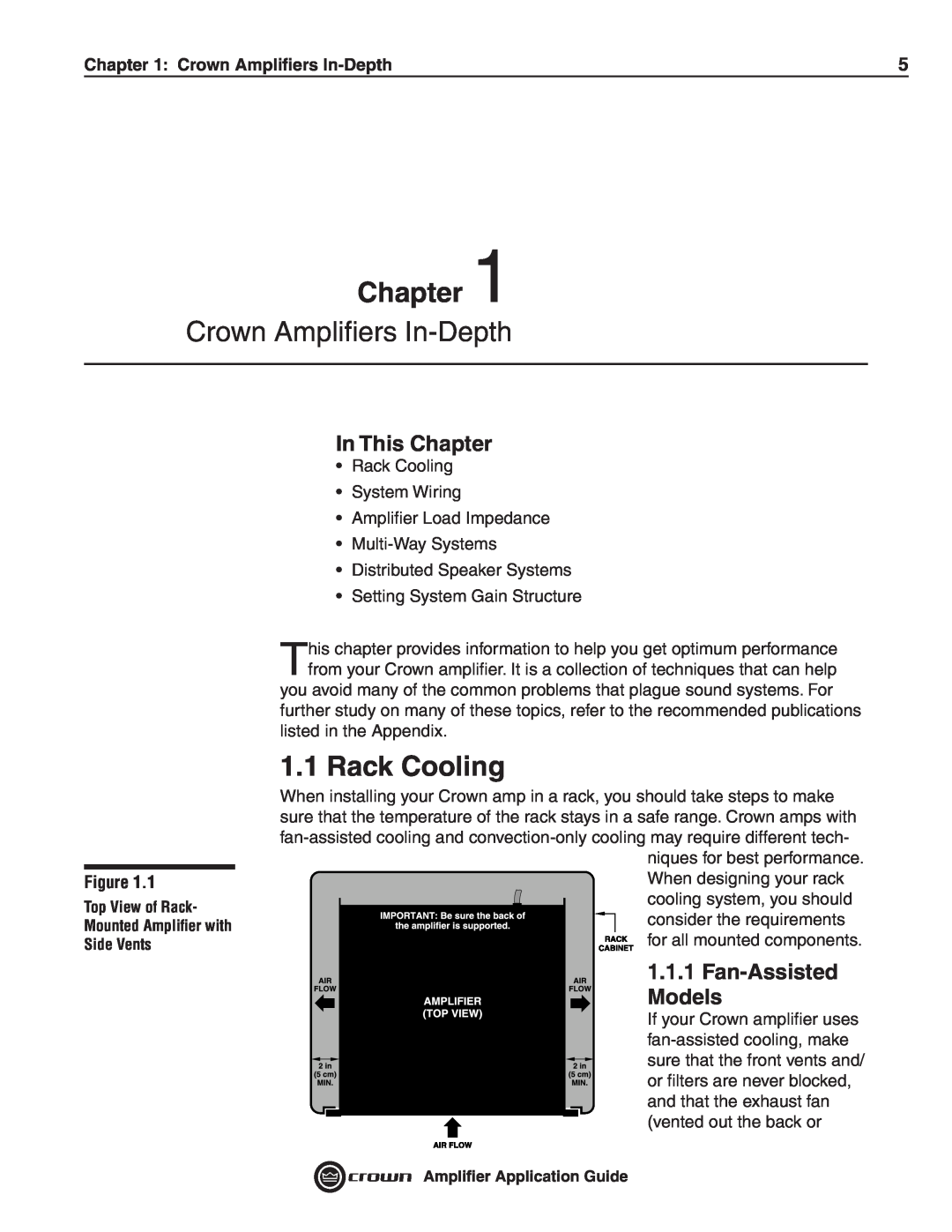 Crown Audio 133472-1A manual Crown Ampliﬁers In-Depth, Rack Cooling, In This Chapter, Fan-Assisted Models 