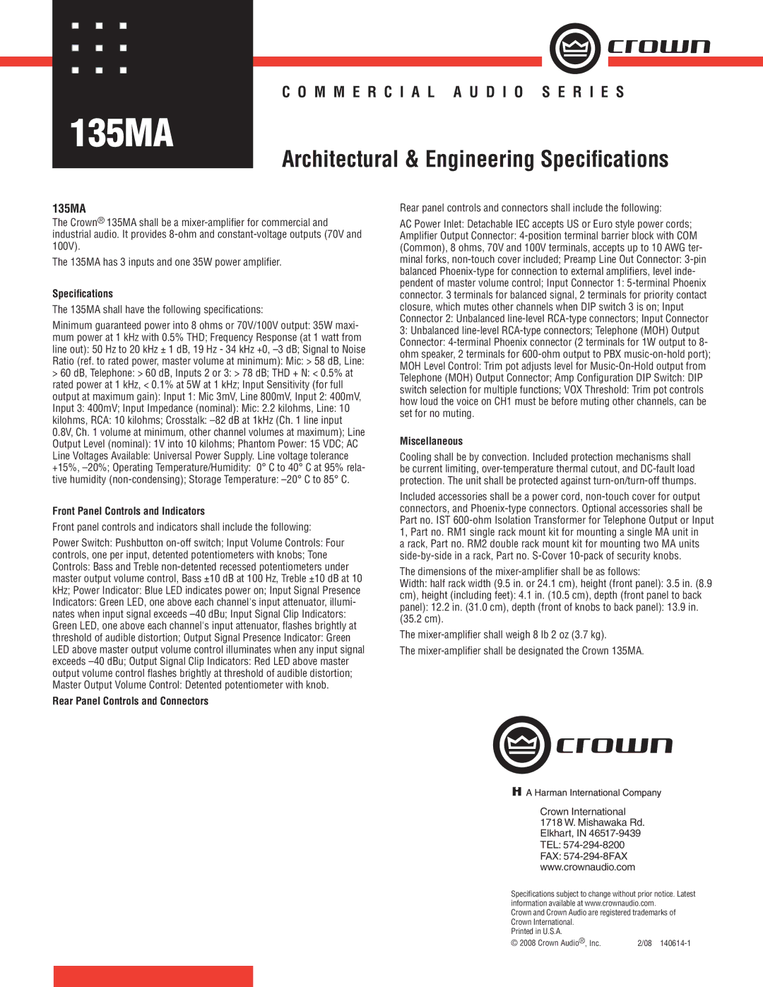 Crown Audio 135MA specifications Architectural & Engineering Speciﬁcations 