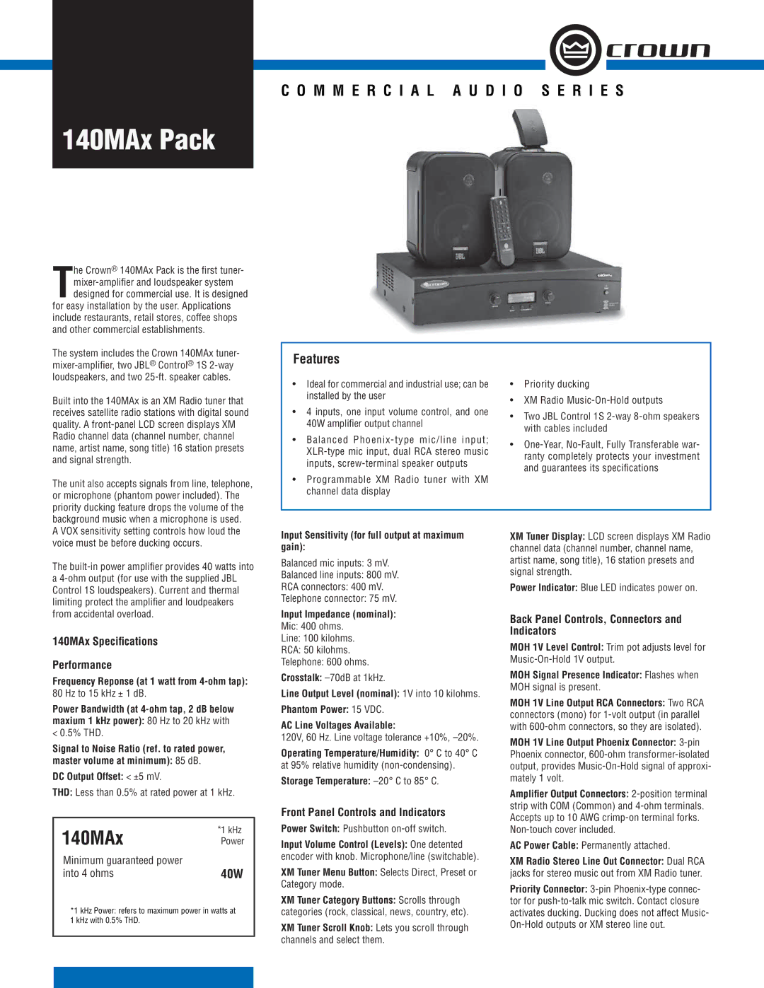 Crown Audio specifications 140MAx Speciﬁcations Performance, Front Panel Controls and Indicators 