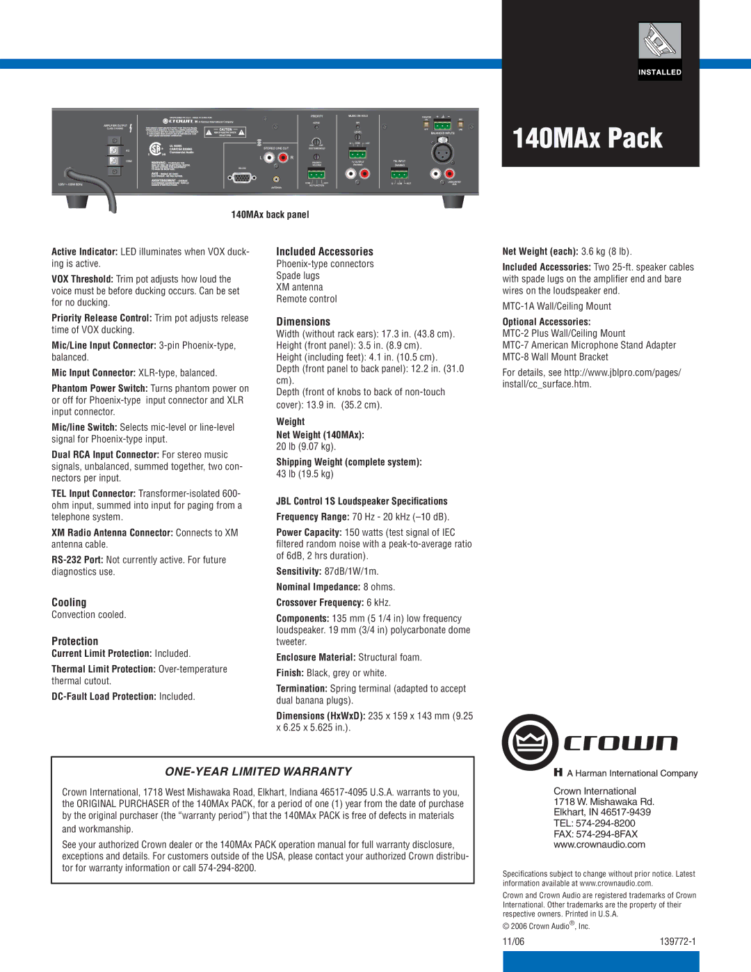 Crown Audio 140MAx specifications Included Accessories, Dimensions, Cooling, Protection 