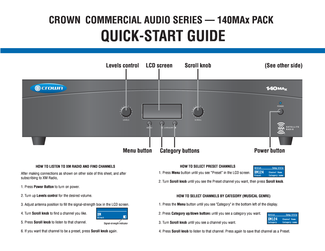 Crown Audio 140MAx Levels control LCD screen, Scroll knob, Menu button, Category buttons, How To Select Preset Channels 