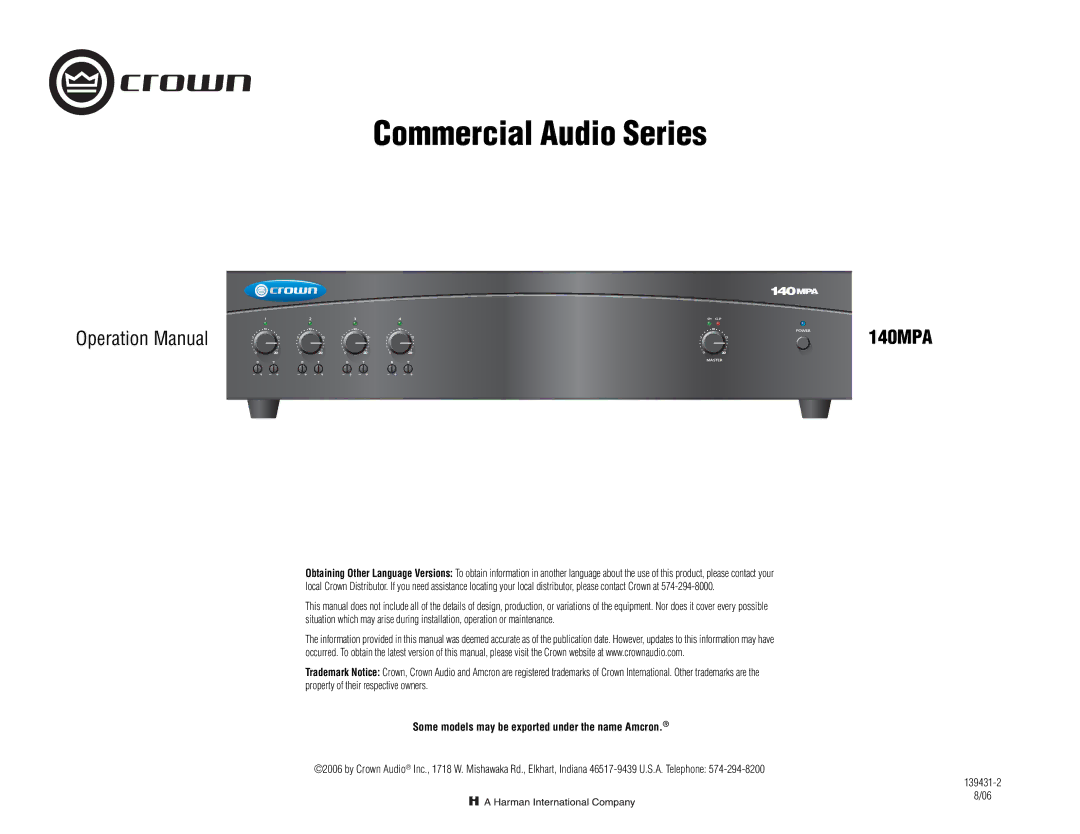 Crown Audio 140MPA operation manual Commercial Audio Series, Some models may be exported under the name Amcron 