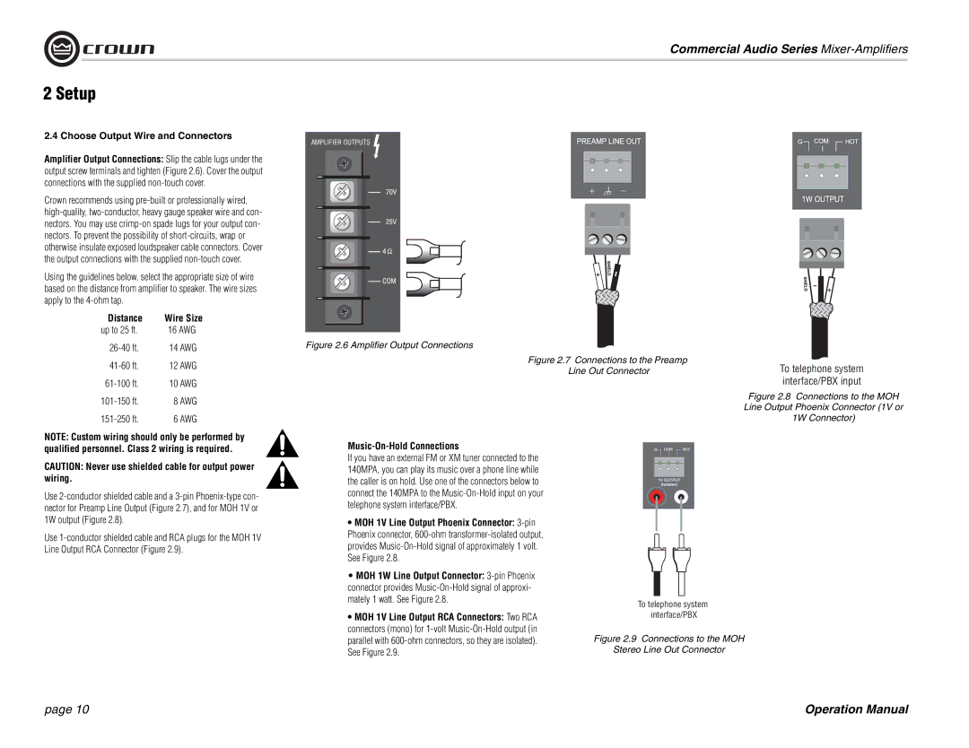 Crown Audio 140MPA operation manual Choose Output Wire and Connectors, 26-40 ft, 41-60 ft, Music-On-Hold Connections 