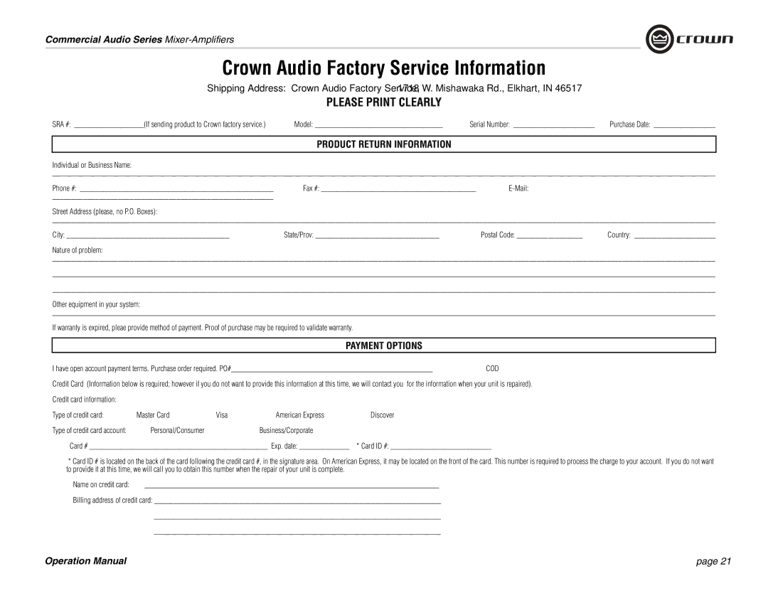 Crown Audio 140MPA Model, Individual or Business Name Phone # Fax #, ‰ Personal/Consumer ‰ Business/Corporate 