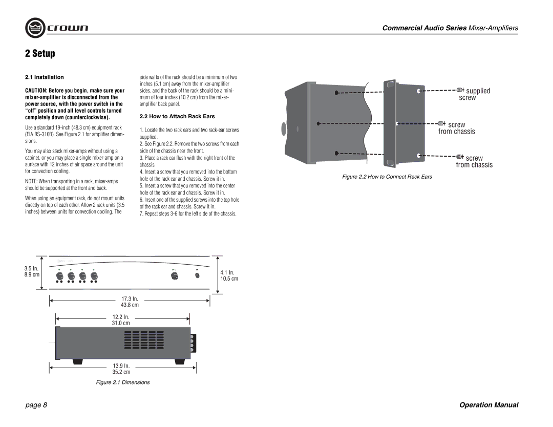 Crown Audio 140MPA Setup, Installation, How to Attach Rack Ears, Locate the two rack ears and two rack-ear screws supplied 