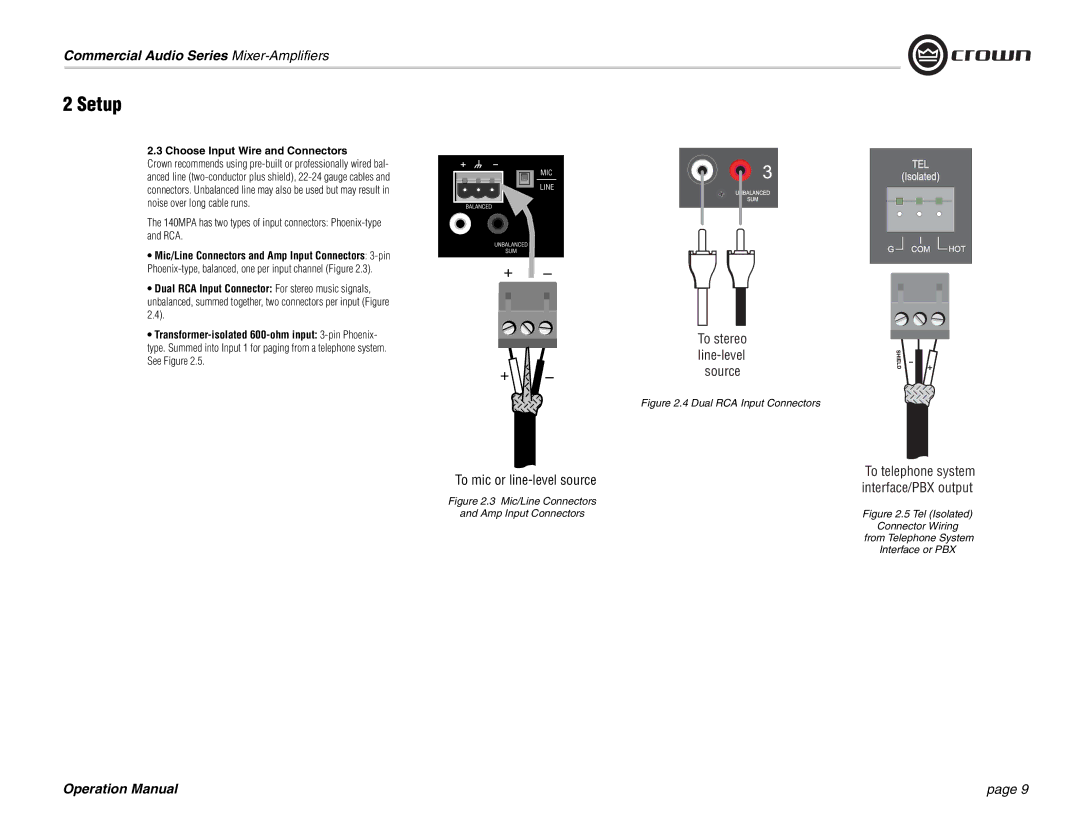 Crown Audio 140MPA operation manual Choose Input Wire and Connectors, Mic/Line Connectors Amp Input Connectors 