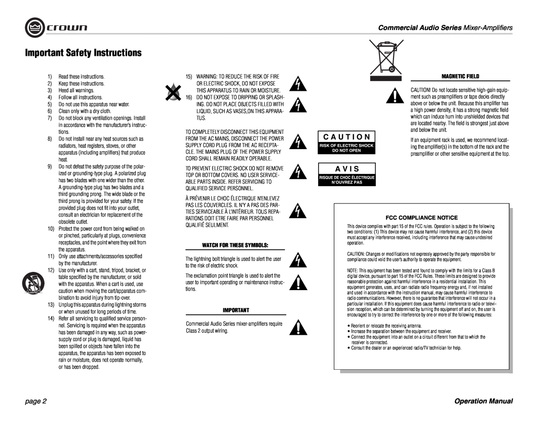 Crown Audio 140MPA Important Safety Instructions, Commercial Audio Series Mixer-Amplifiers, page, Watch For These Symbols 